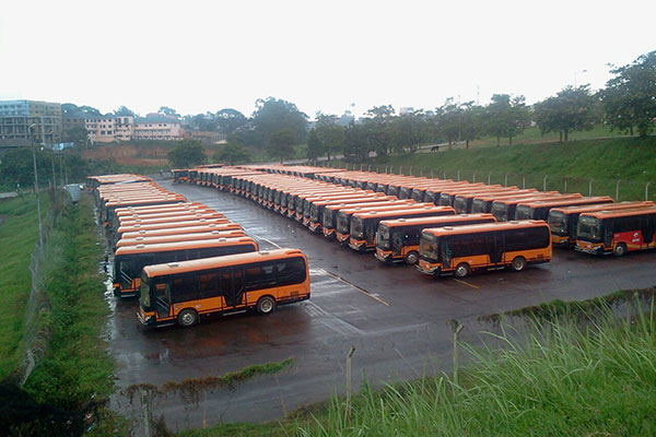 Pioneer buses parked near Namboole Stadium in Bweyogerere
