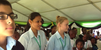 Standing up are delegates from Rainbow international school (From L-R) Kanish Sharma, Riddhi Lakhotiya and Anya Brown