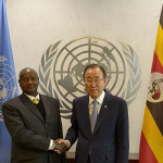 President Museveni Shaking hands with UN Secretary General Ban Ki-Moon during the side-lines of the High Level Thematic Debate at United Nations General Headquarters in New York on Monday May 4, 2015. PPU Photo
