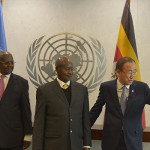 President Yoweri Museveni amidst UN Secretary General Ban Ki-Moon (right) and President of the United Nations General Assembly Sam Kutesa in Secretary Generals Chambers at UN during the side-lines of the High Level Thematic Debate at United Nations General Headquarters in New York on Monday May 4, 2015. PPU Photo