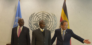 President Yoweri Museveni amidst UN Secretary General Ban Ki-Moon (right) and President of the United Nations General Assembly Sam Kutesa in Secretary Generals Chambers at UN during the side-lines of the High Level Thematic Debate at United Nations General Headquarters in New York on Monday May 4, 2015. PPU Photo