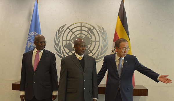 President Yoweri Museveni amidst UN Secretary General Ban Ki-Moon (right) and President of the United Nations General Assembly Sam Kutesa in Secretary Generals Chambers at UN during the side-lines of the High Level Thematic Debate at United Nations General Headquarters in New York on Monday May 4, 2015. PPU Photo
