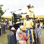 Hon Babadiri is guidede down the presidential podium after addresseing NRM supporters during President Museveni’s rally in Koboko North County yesterday Nov 18. PPU Photo