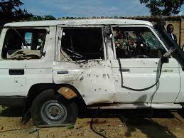 The bullet-riddled car in which Gen Kararuza was killed