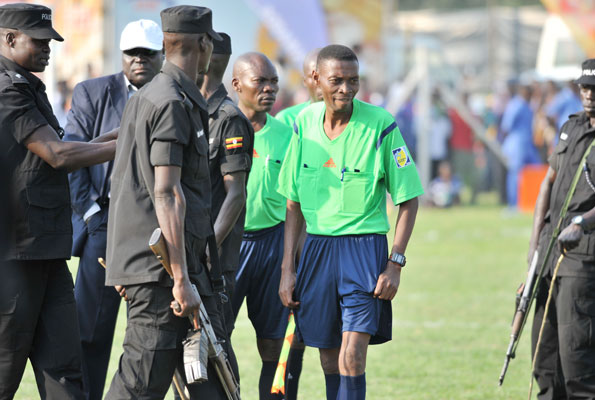 Referee Donney (right) etched his name in the history of the Uganda Cup after mishandling the Villa-KCC final last year