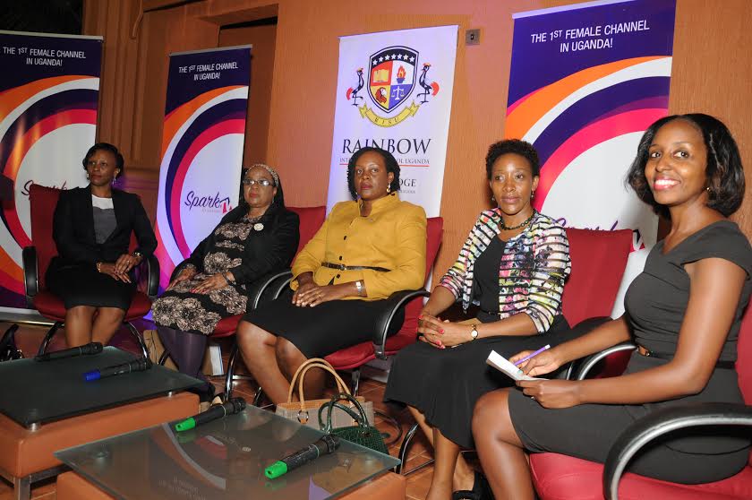 L-R: Ruth Sebatindira (Uganda Law Society), Christine Semambo Sempebwa (Forum for African Women Educationalists Uganda), Beatrice Lugalambi (Centenary Bank), Christine Kawooya (Uganda Women Entrepreneurs Association Limited) and Rachel Arinaitwe (NTV) in a panel discussion on the challenges women face in the work place and how to overcome them. 