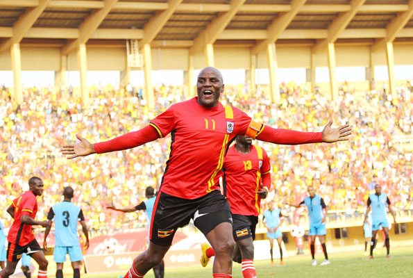 Cranes captain and lead striker Massa celebrates after opening the scores at Namboole Stadium for Uganda against Botswana in the first leg