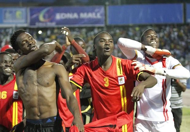 He is a regular figure on the national team. Here pictured celebrating at the 2015 CECAFA finals with Murushid Jjuuko,  and goalkeeper  Ismail Watenga 