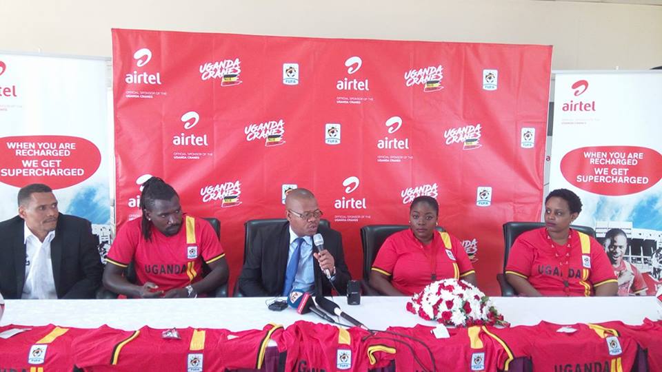 Airtel Head, Brand and Communication Ms Remmie Kisakye and FUFA boss Eng Moses Magogo and other officials at the launch of the Mujje Tulumbe campaign