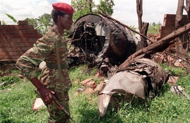 BROUGHT DOWN: The remains of the presidential jet, a Falcon 50, that was brought down while carrying former Rwanda leader Juvenal Habyarimana and his Burundi counterpart Cyprein Ntaryamira.