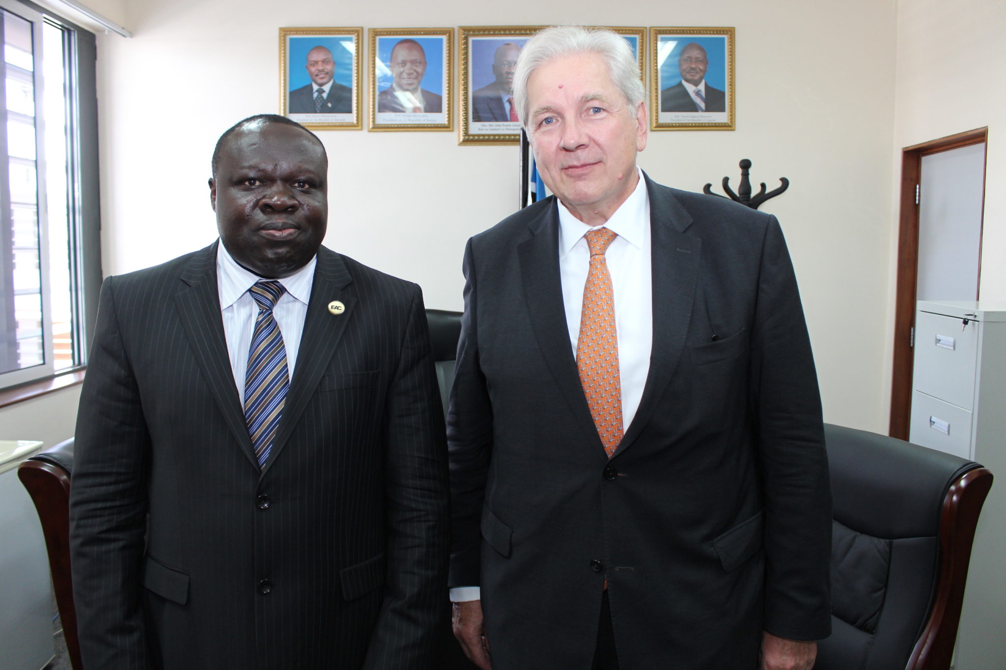 (L-R) EAC Deputy Secretary General in charge of Productive and Social Sectors; Mr. Christophe Bazivamo, and the German Ambassador to Tanzania and the EAC, H.E. Egon Kochanke at the EAC Headquarters.