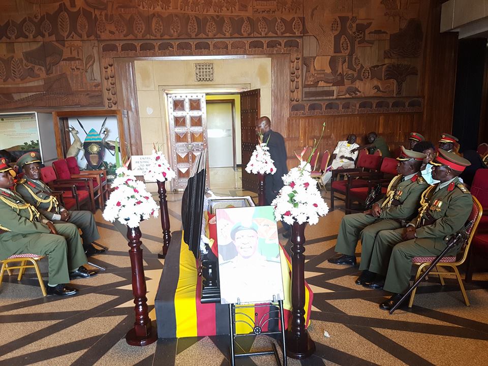 Major General Julius Oketta's body lying in state at Parliament today.