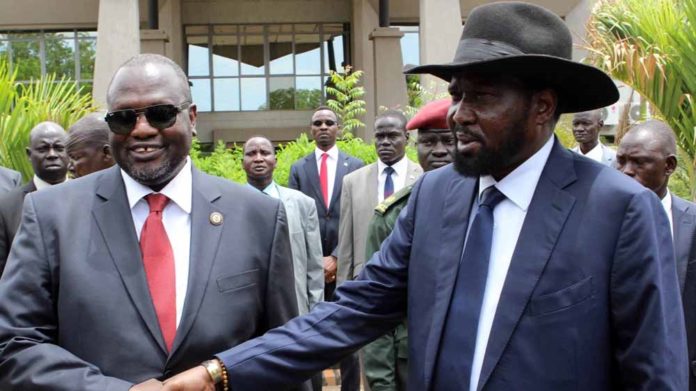 South Sudanese president Salva Kiir (R) and Dr machar