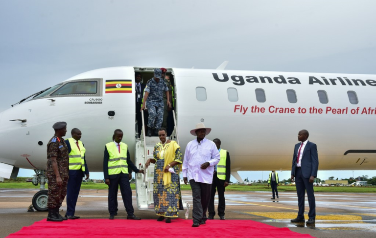 President Museveni and his wife Janet Museveni after having feel of new Uganda Airlines airplane