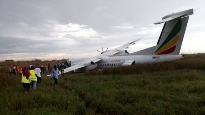 Ethiopian airlines flight skids off the runway in Juba