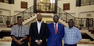 Matilda Babuleka Marketing Manager Beer, Omukama of Tooro, Dr. Oyo Nyimba Kabamba Iguru Rukidi 1V, Andrew Kilonzo the Managing Director of UBL and Edgar Kihumuro Brand Manager of Pilsner Lager.